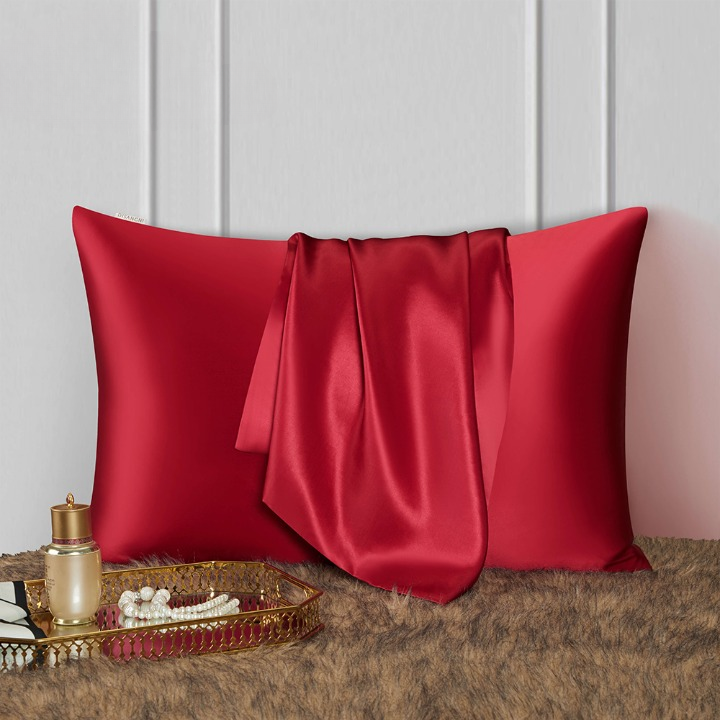Taie d’oreiller en soie rouge vif avec foulard assorti – literie de luxe pour protection des cheveux et de la peau