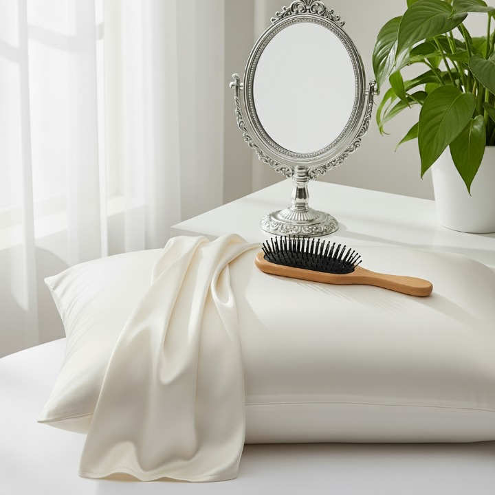 brosse a cheveux sur taie d'oreiller en soie blanc avec un miroir sur une table de nuit