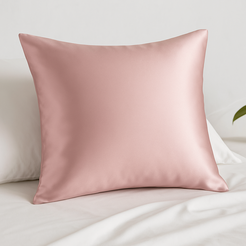 taie en satin sur lit et drap blanc taille 66 X 66