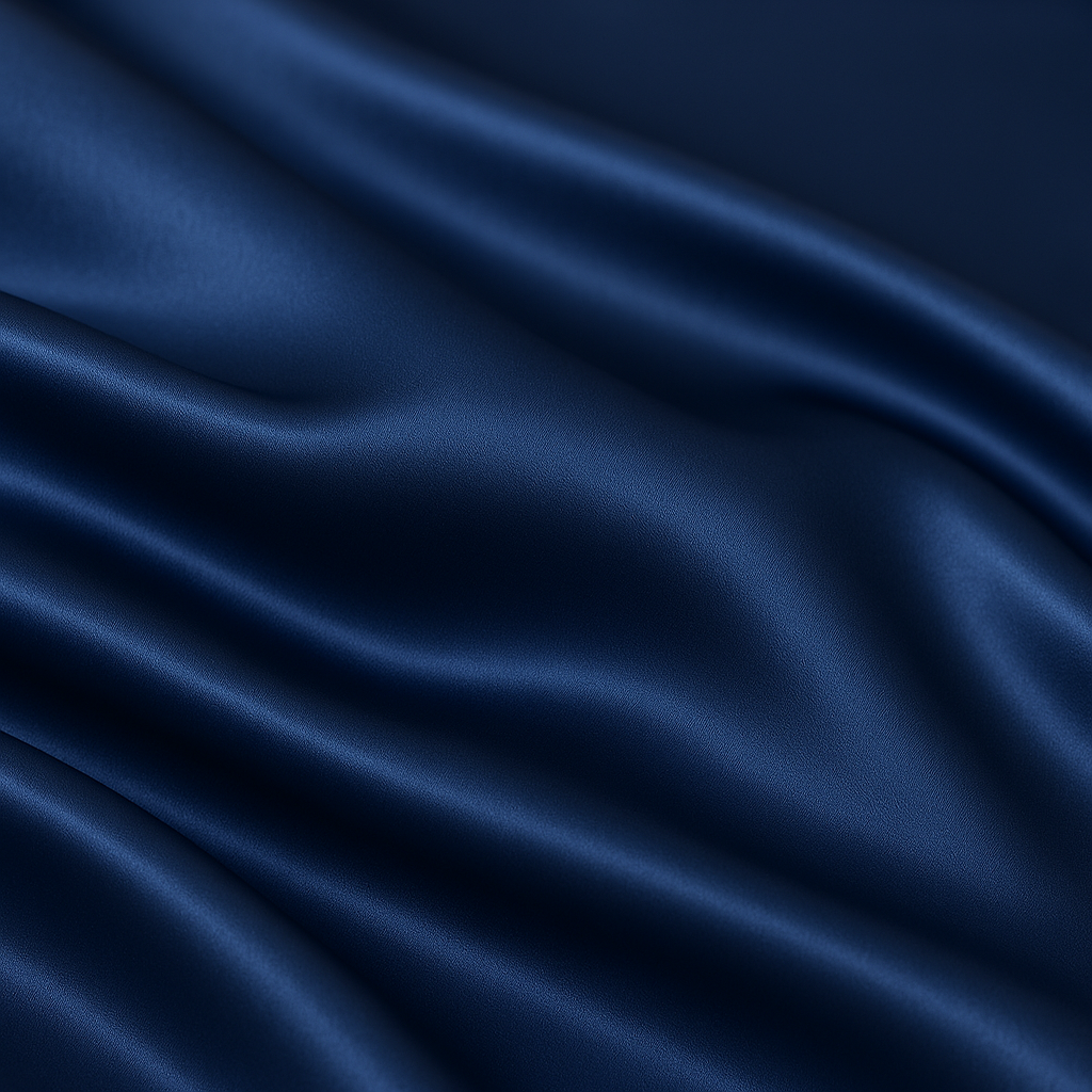 Texture satinée brillante d’une taie d’oreiller en soie bleu marine, soie 19 momme douce et fluide – détail tissu premium