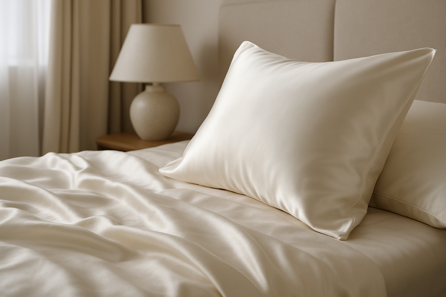 taie d'oreiller en soie sur lit blanc couleur ivoire  Image