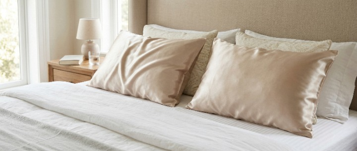 taie d'oreiller en soie posé sur le lit  Image