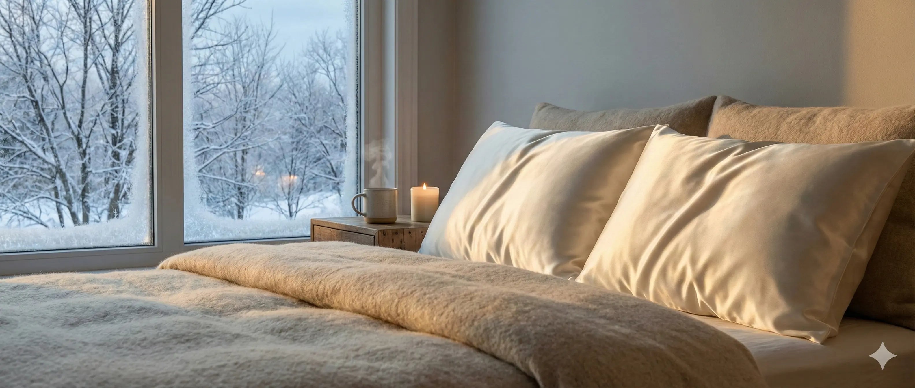 chambre avec une ambiance cocooning chaude, en hiver, neige dehors  Image