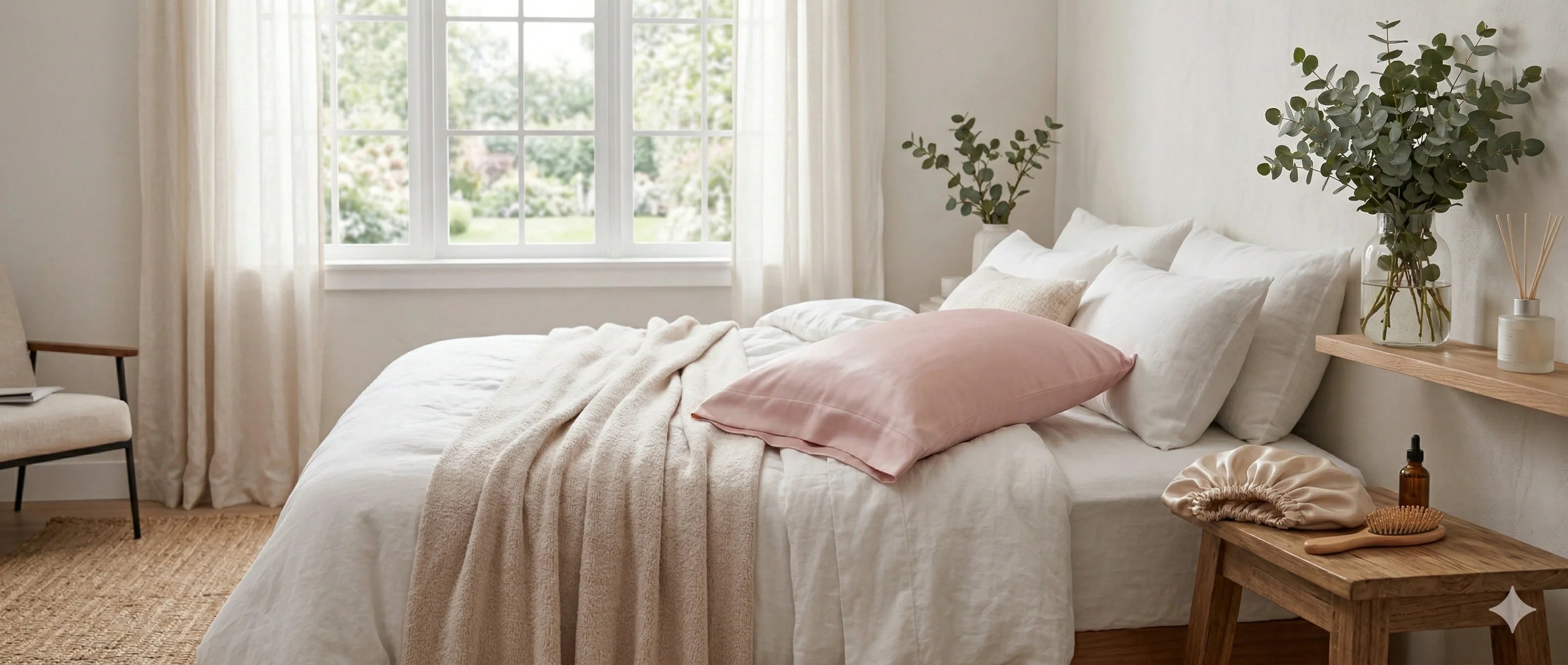 parure de lit en soie avec taie d'oreiller en soie rose posé sur le lit Image