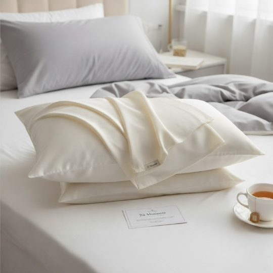 Image de deux oreillers, avec une taie d'oreiller en soie  Image