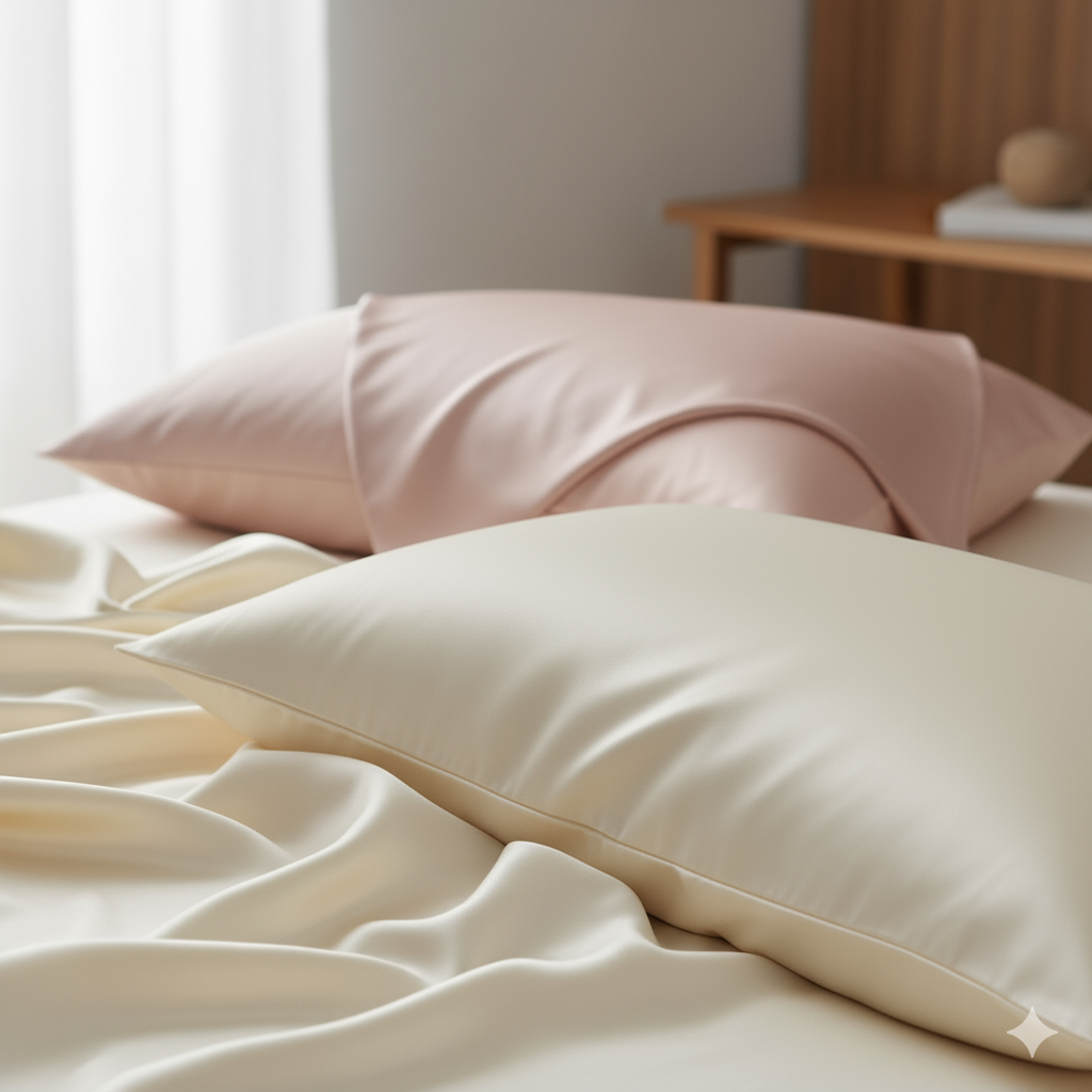Taie d'oreiller en soie ivoire et taie d'oreiler en soie rose posé l'une sur l'autre