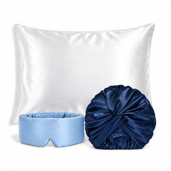 Coffret en soie de mûrier : taie, masque et bonnet, coloris Bleu Glacier