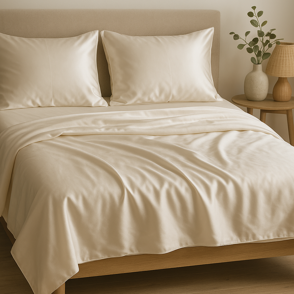 chambre avec un lit et drap housse en soie, taie d'oreiller en soie  Image