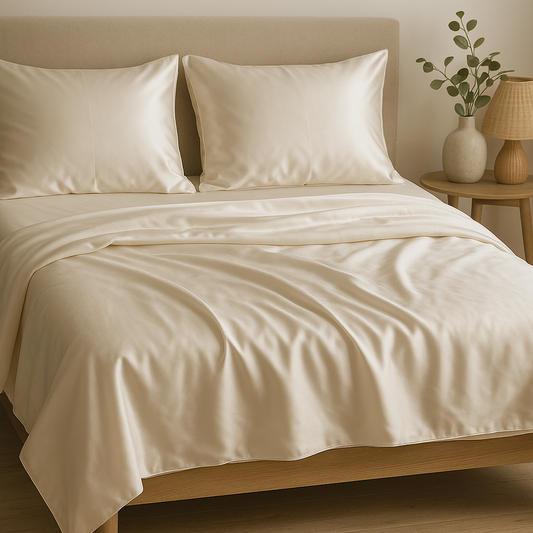 chambre avec un lit et drap housse en soie, taie d'oreiller en soie 