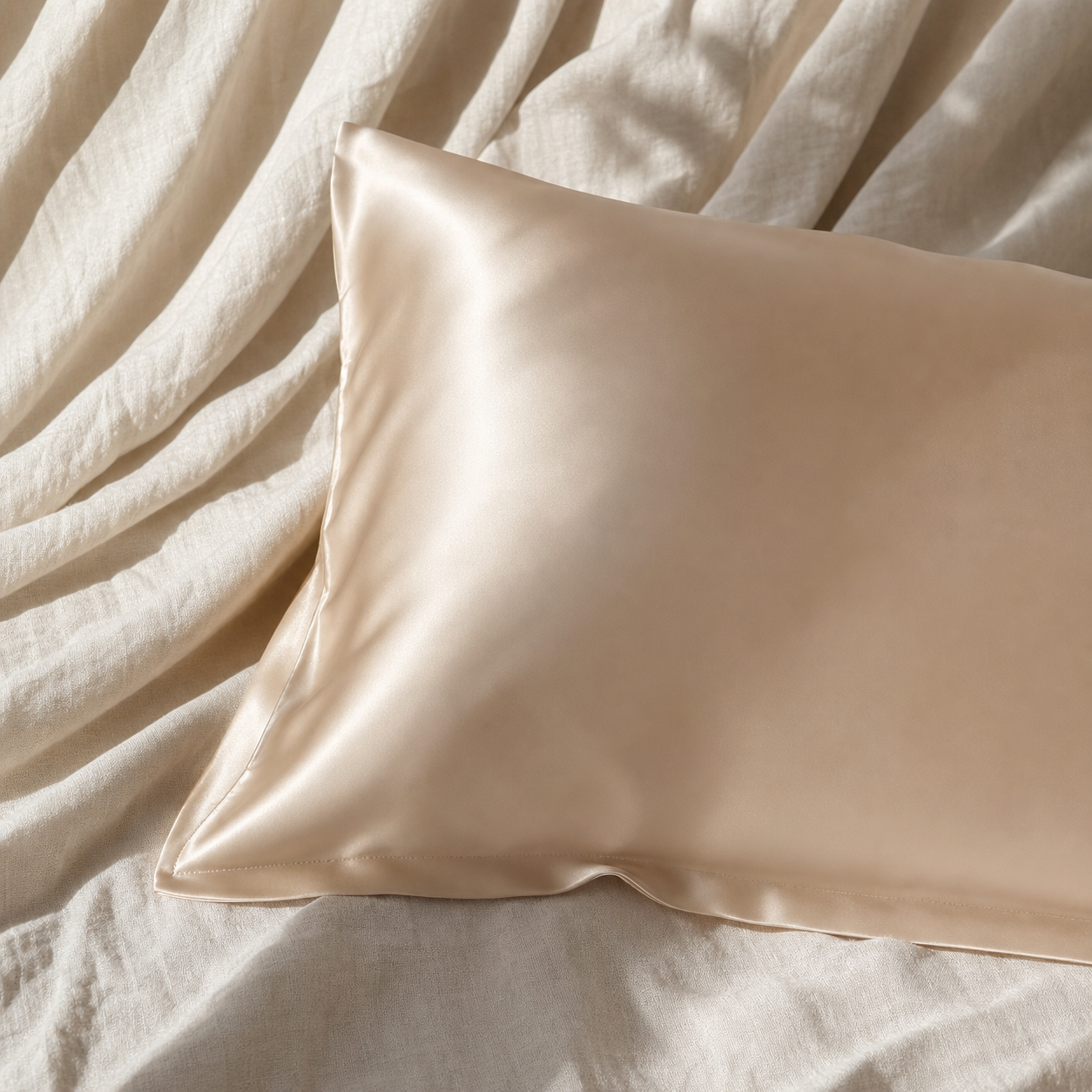 taie d'oreiller en soie sur drap en lin  Image