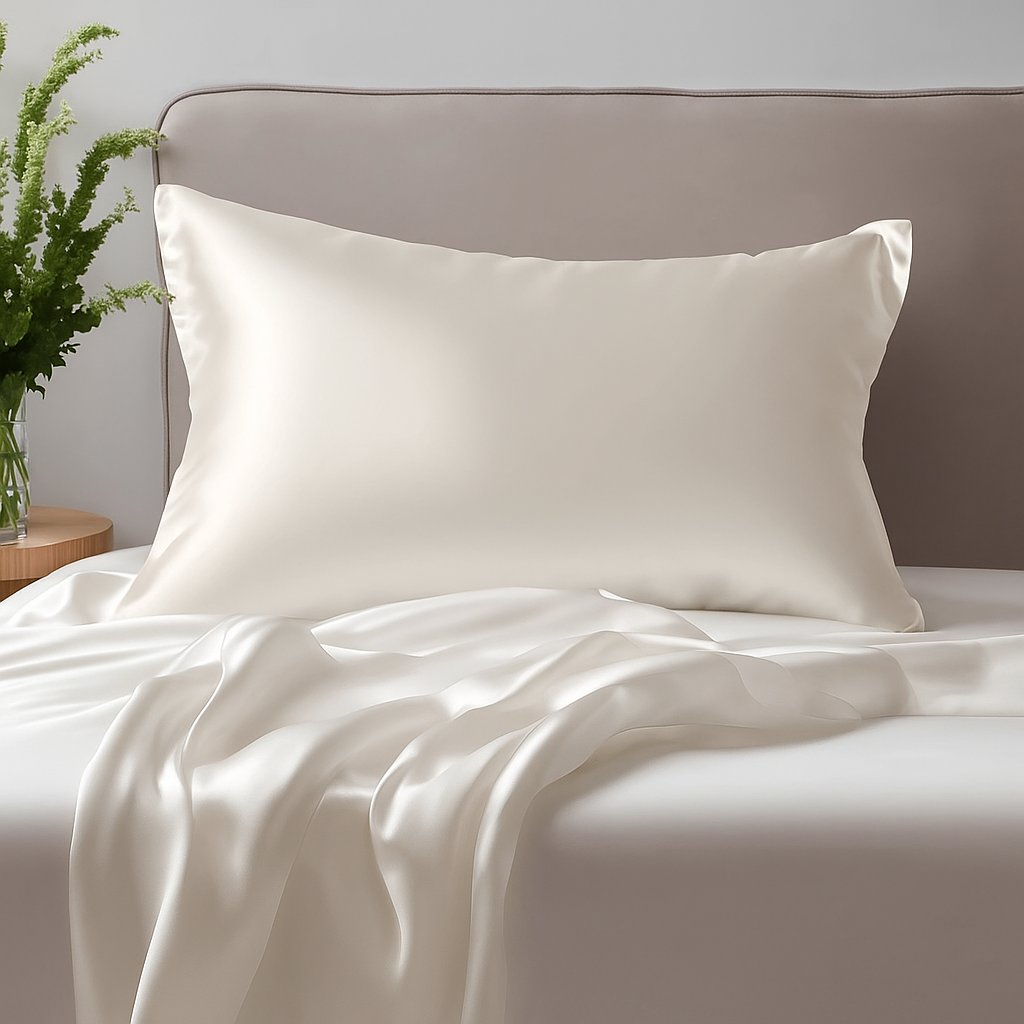 taie d'oreiller en soie blanc sur lit blanc avec foulard de soie 