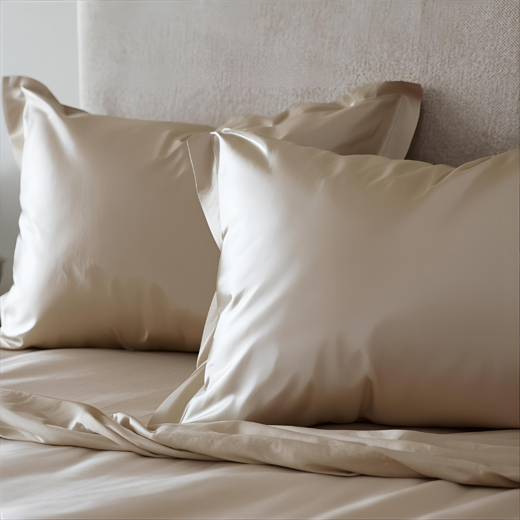 2 Taie d'oreiller en soie taupe clair sur un lit avec un drap en soie taupe clair