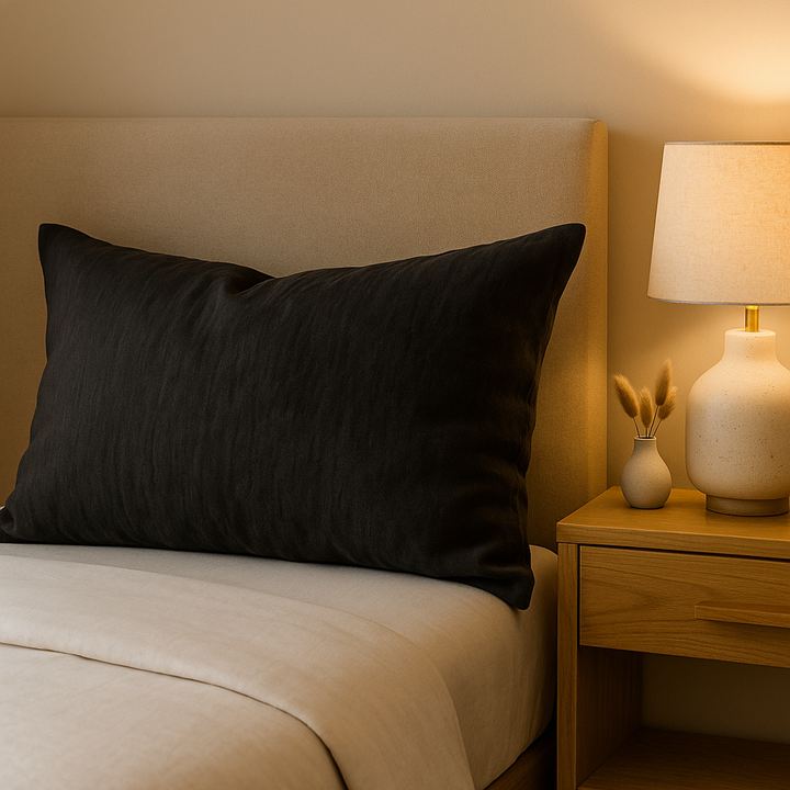 taie d'oreiller en lin 50x70 dans une ambiance cosy pour cheveux bouclés et peau 