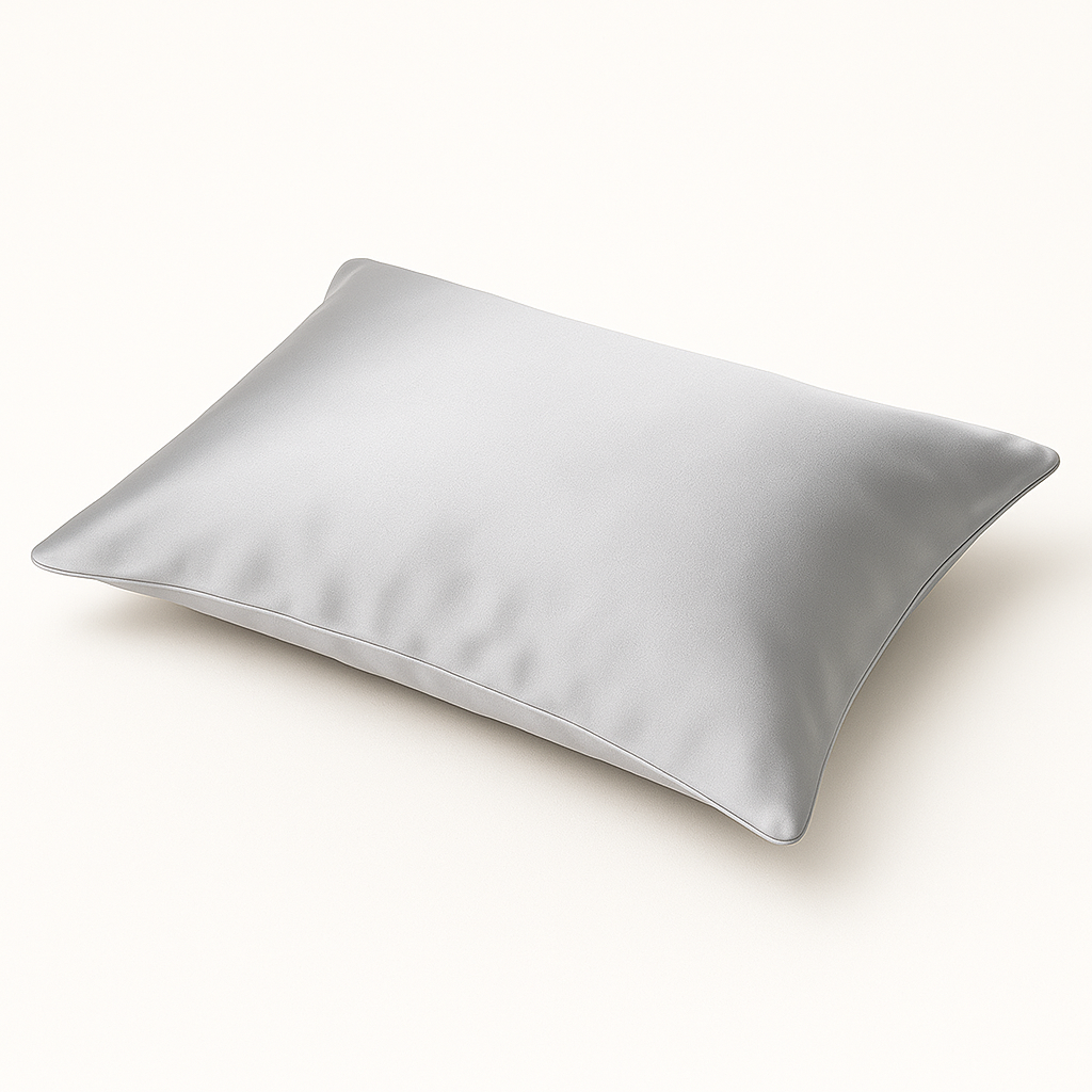 taie d'oreiller en soie gris argenté sur fond blanc 