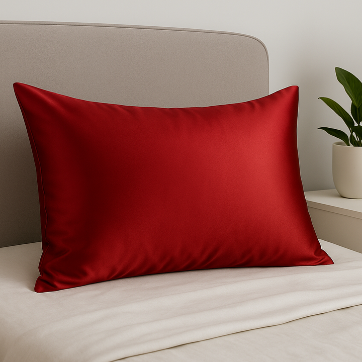 Taie d’oreiller en soie rouge 22 momme – housse satinée brillante posée sur draps blancs avec tête de lit gris clair, literie haut de gamme pour peau et cheveux.