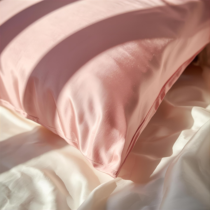 taie d'oreiller en satin rose posé sur drap en soie couleur ivoire 