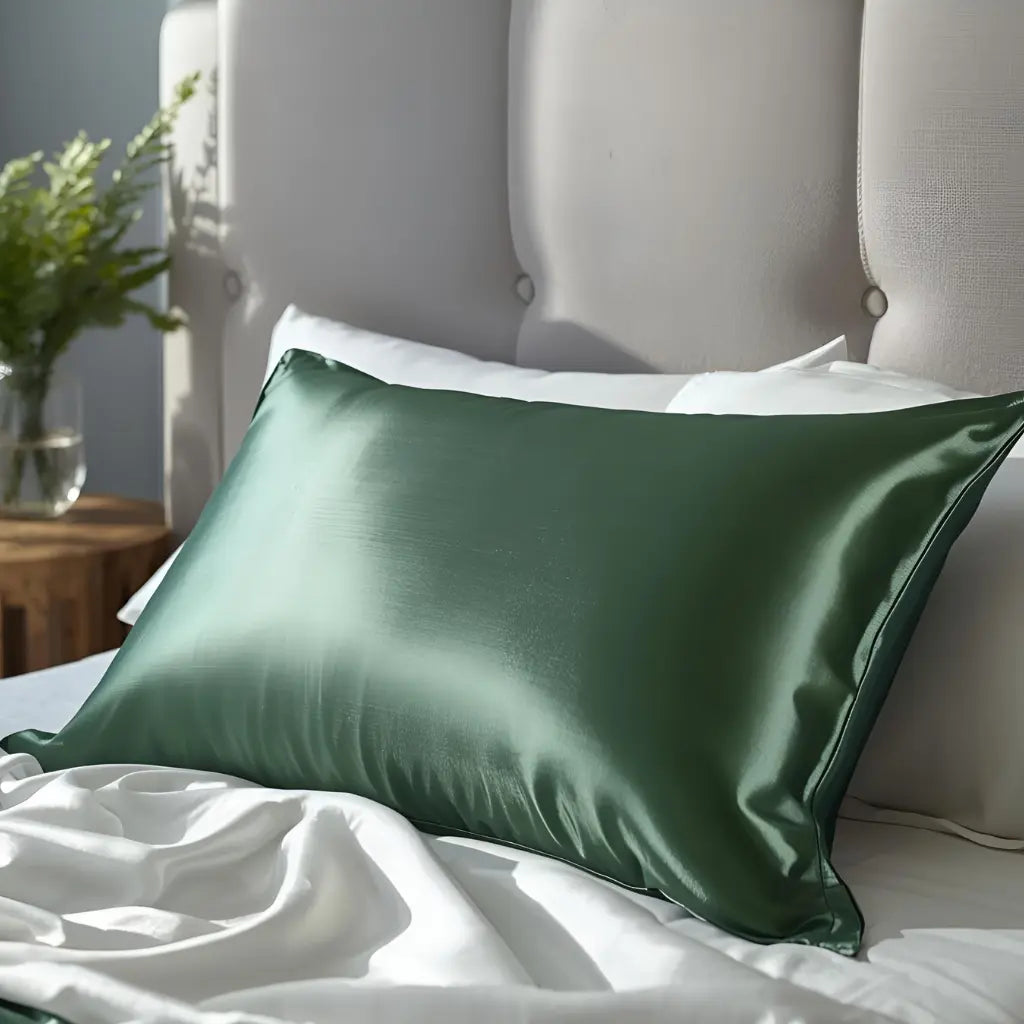 Taie d’oreiller en soie 30 momme vert forêt sur lit blanc