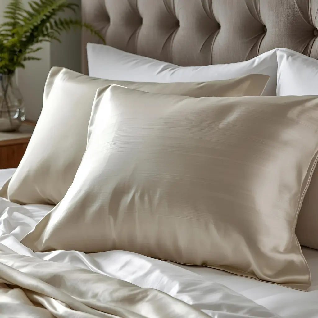 2 Taie d’oreiller en soie 30 momme beige grège clair sur lit blanc