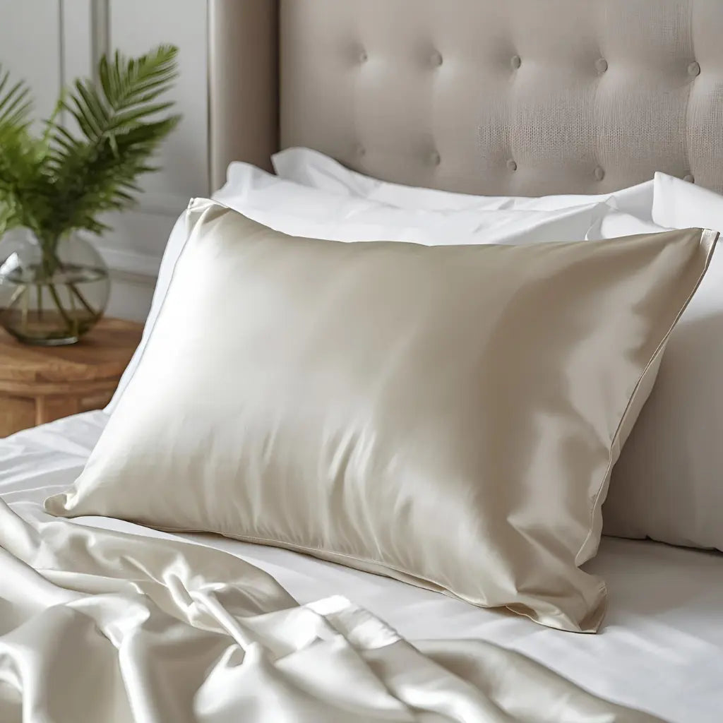 Taie d’oreiller en soie 30 momme beige grège clair sur lit blanc