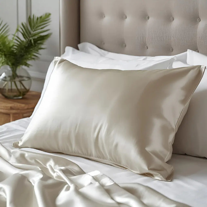 Taie d’oreiller en soie 30 momme beige grège clair sur lit blanc