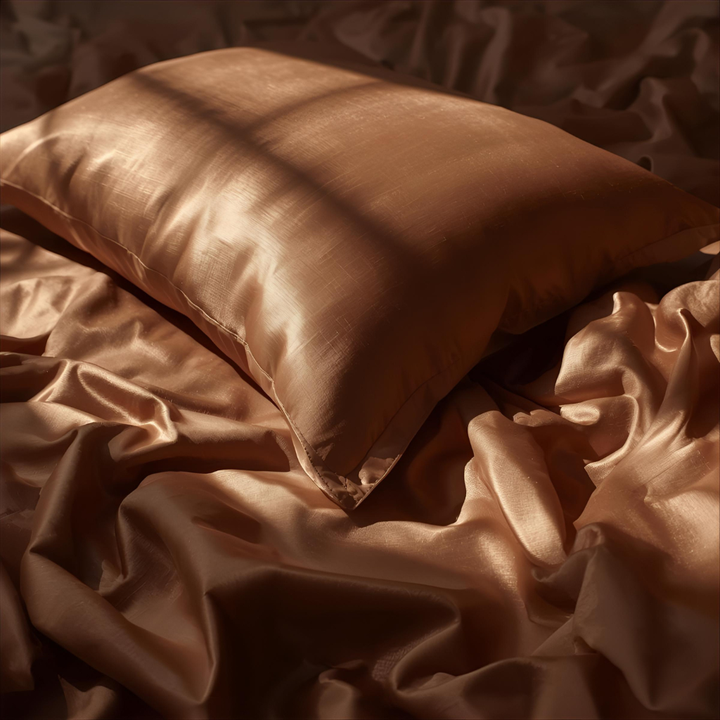 taie en soie brun rosé posé sur drap en soie brun rosé 