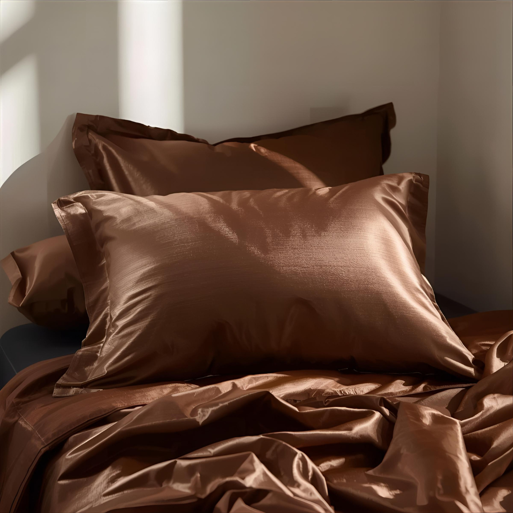 taie en soie maaron caméo brown posé sur un drap en soie de la même couleur 