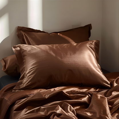 taie en soie maaron caméo brown posé sur un drap en soie de la même couleur 