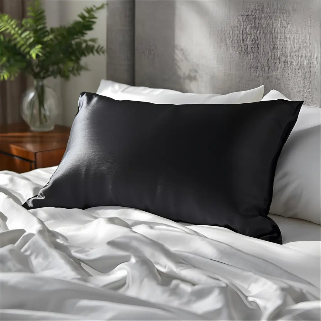 taie d'oreiller en soie noir posé sur un lit blanc avec petite plante pres du lit 