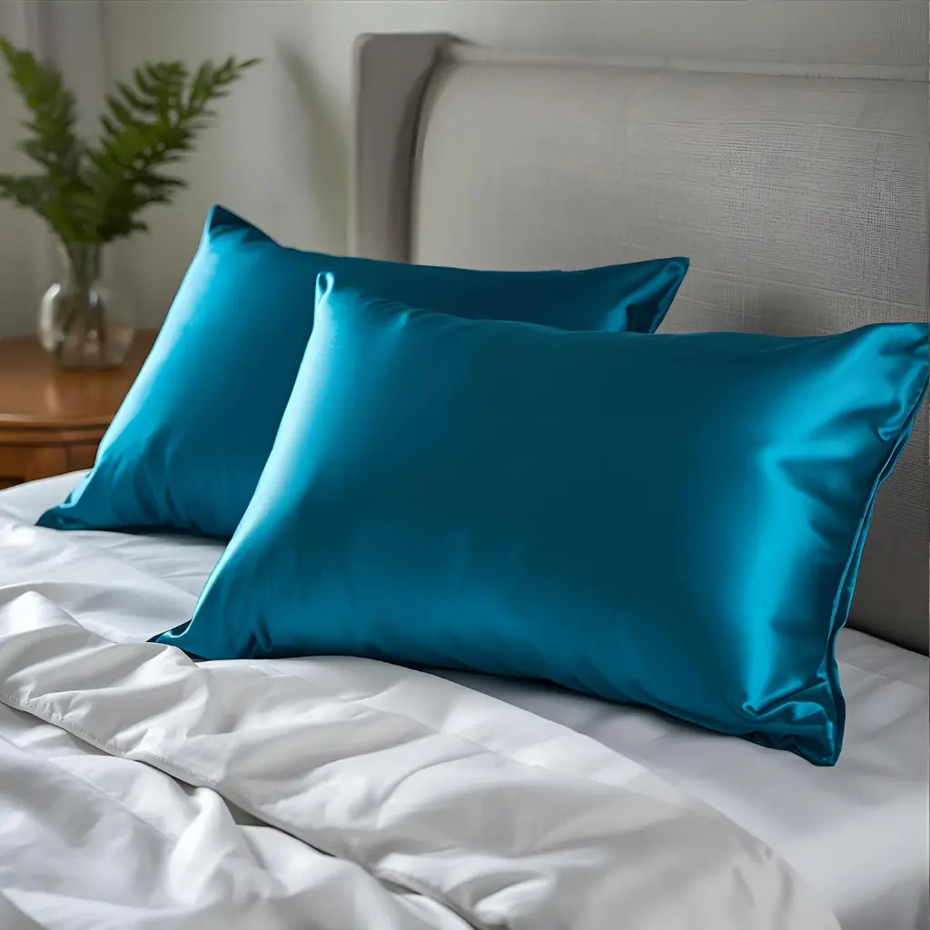 Taie d'oreiller en soie bleu paon 