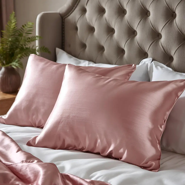 2 taie d'oreiller en soie 30 Momme posé sur le lit