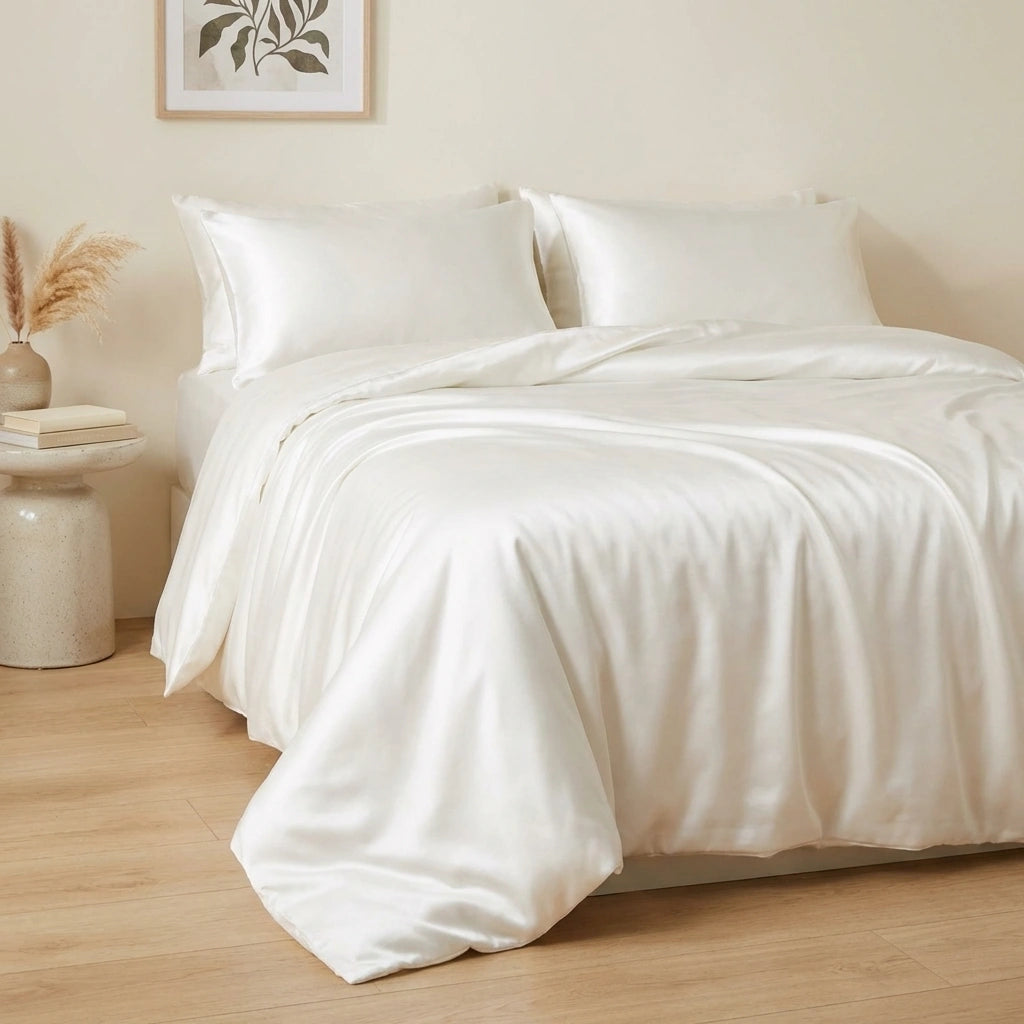 parure de lit en soie blanche avec housse de couette en soie blanc