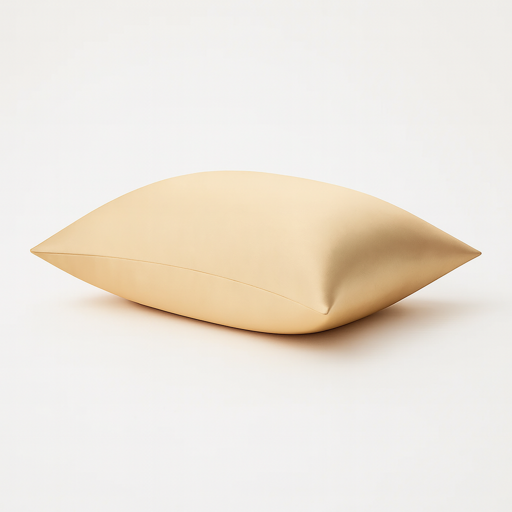 taie d'oreiller en soie sur fond blanc couleur champagne