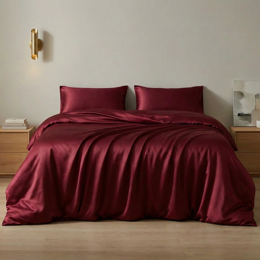 parure de lit en soie  rouge vin 