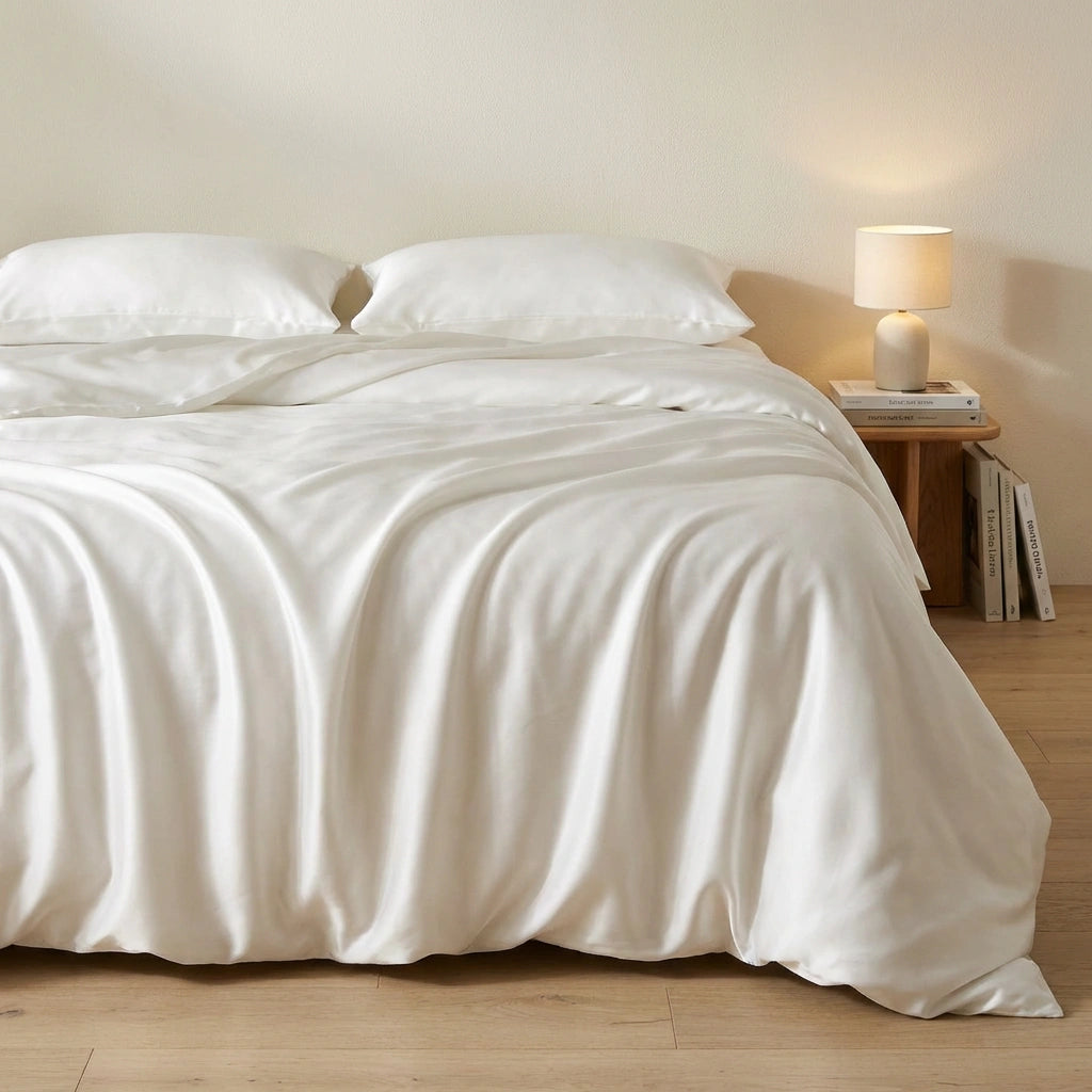 parure de lit en soit blanc avec taie d'oreiller en soie blanc 