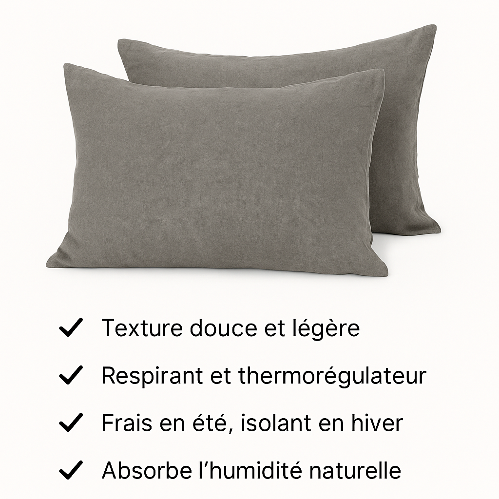 bienfait d'une taie d'oreiller en lin, texture douce et légère, respirant et thermorégulateur, frais en été, isolant en hiver, Absorbe l'humidité naturelle