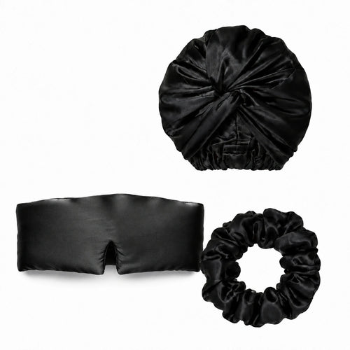 Coffret Cheveux en soie — Bonnet de nuit, masque et chouchou Noir