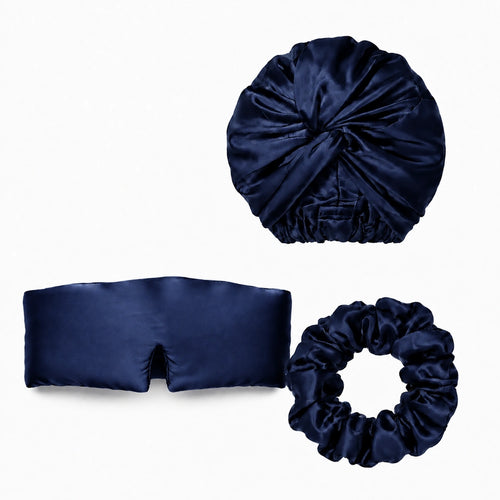 Coffret Cheveux en soie — Bonnet de nuit, masque et chouchou Bleu Nuit