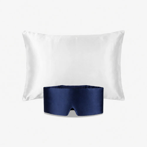 Pack Sommeil Profond - Taie en 100% soie et masque de nuit en bandeau Taie Blanc & Masque Bleu Nuit
