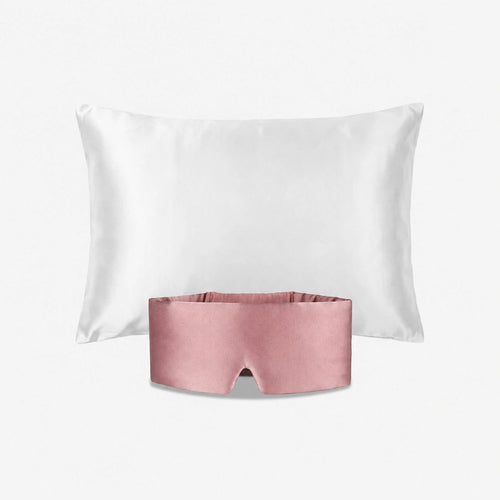 Pack Sommeil Profond - Taie en 100% soie et masque de nuit en bandeau Taie Blanc & Masque Rose Poudre