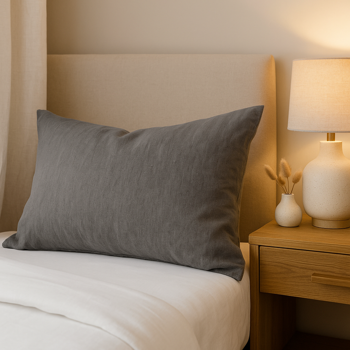 taie d’oreiller en lin gris 100% naturel, respirantes et élégantes, posées sur un lit avec une plante en arrière-plan, ambiance cosy et moderne.