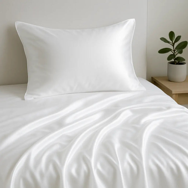 taie d'oreiller en soie sur lit blanc 