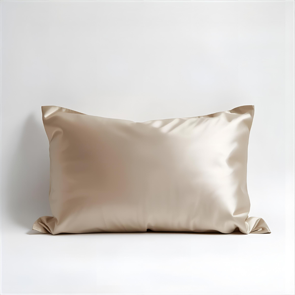 Taie d'oreiller en soie taupe clair sur fond blanc 