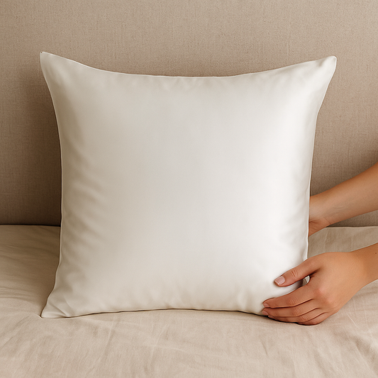 taie d'oreiller en soie blanc format carré tenue par une personne 