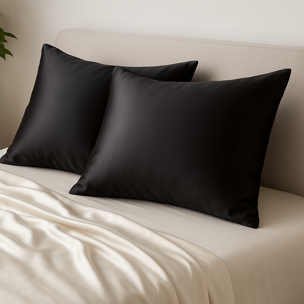 2 taies d'oreiller en soie noir, tissu soyeux 30 Momme, côte à côte sur un lit avec drap soyeux couleur ivoire