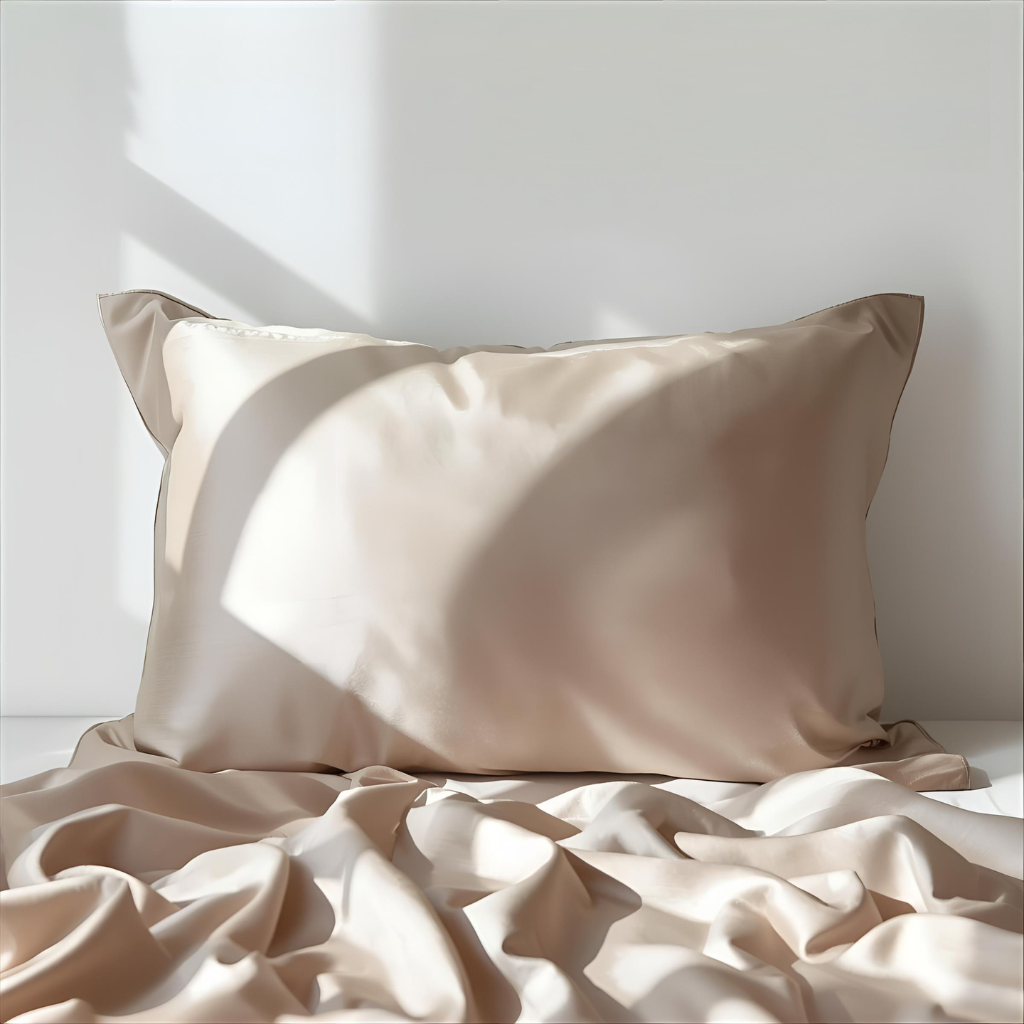 taie d'oreiller en soie taupe clair sur fond blanc