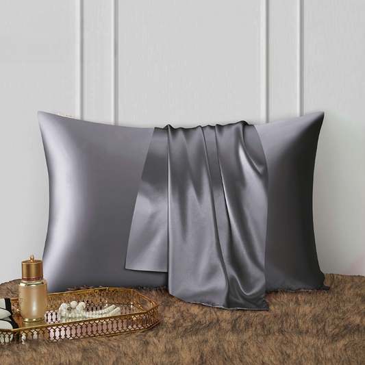 Taie d’oreiller en soie gris anthracite avec foulard assorti – literie élégante pour protection des cheveux et de la peau