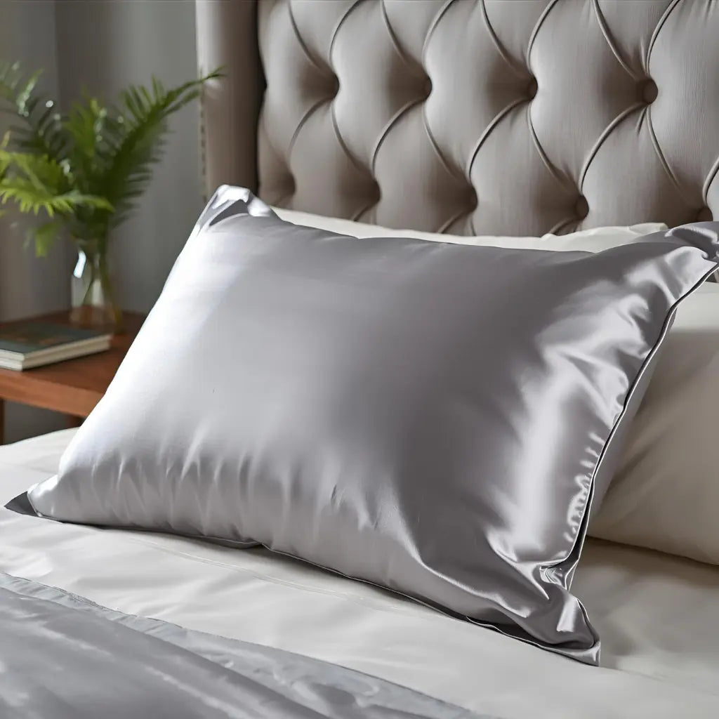 taie en soie argenté 25 Momme posé sur lit blanc