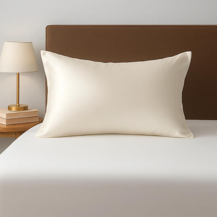 taie d'oreiller en soie couleur ivoire tissu soyeux et doux anti frisottis et préserve la peau